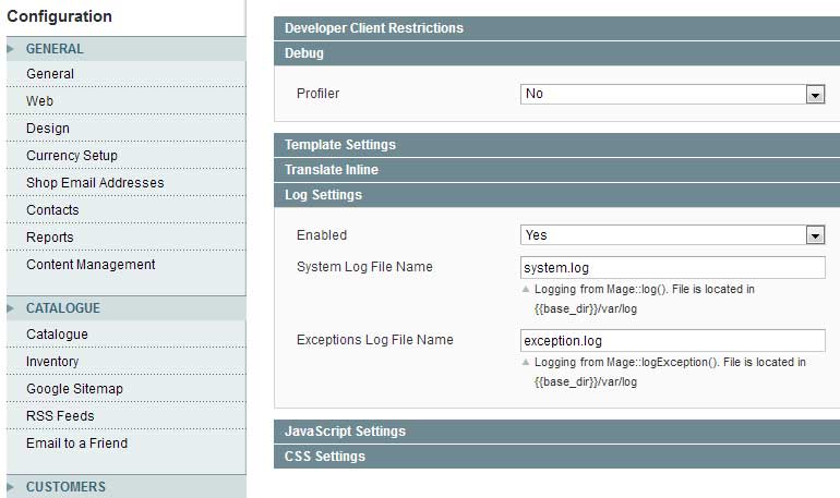 Magento exception logging - admin screenshot