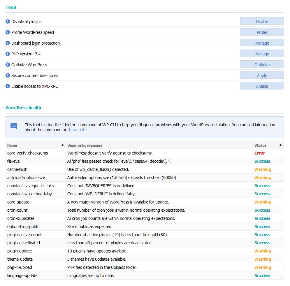WordPress health check tools