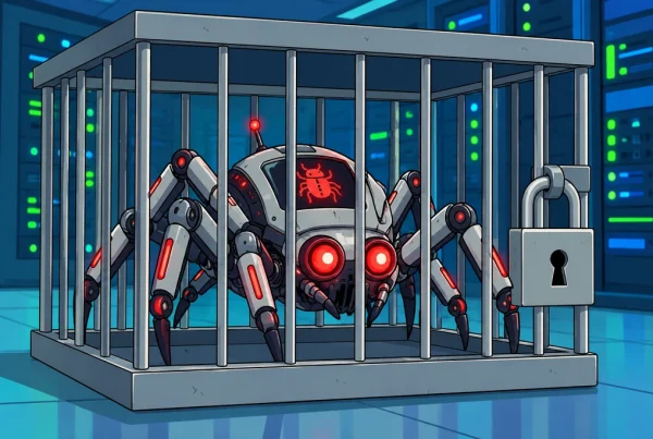 Cartoon robotic spider bug locked inside a metal cage, representing PHP security vulnerabilities and server protection.