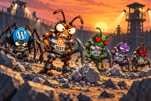 Cartoon chain gang of robotic WordPress, Magento, database, PHP and security bugs breaking rocks in a prison quarry, wearing ankle chains.
